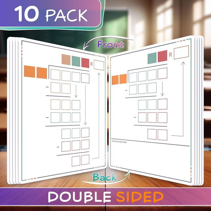 Scribbledo Long Division Practice 11”x14” Reusable Sheets Math Manipulatives for Classroom Teaching Materials 5th Grade Classroom Must Haves Special Education Math Centers 10-Pack Dry Erase Sheets - Image 2